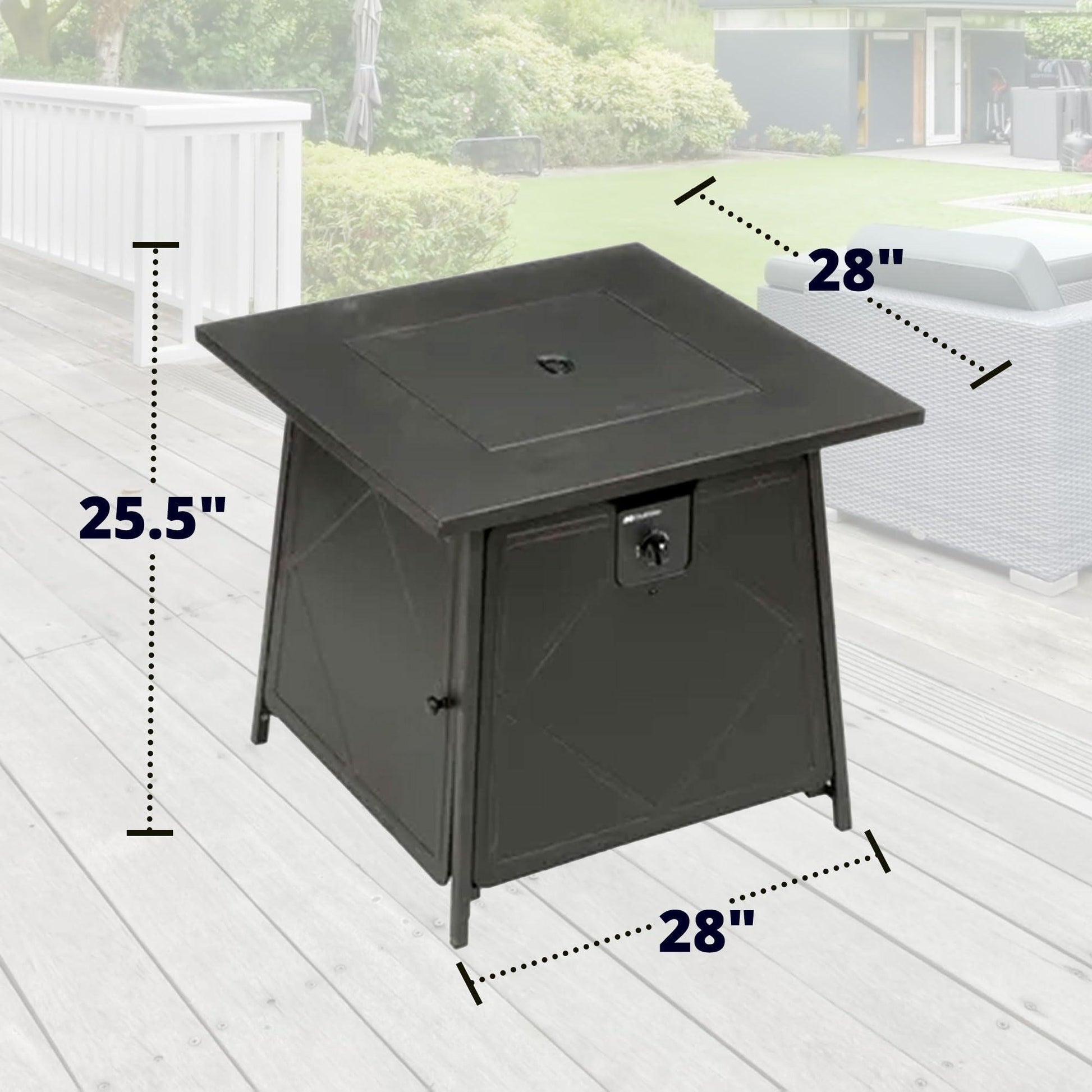 Four Seasons Courtyard Dual Heat 28 Inch Steel Square Gas Outdoor Backyard Tabletop Fire Pit with Lava Rocks and Steel Cover Lid, Black - CookCave