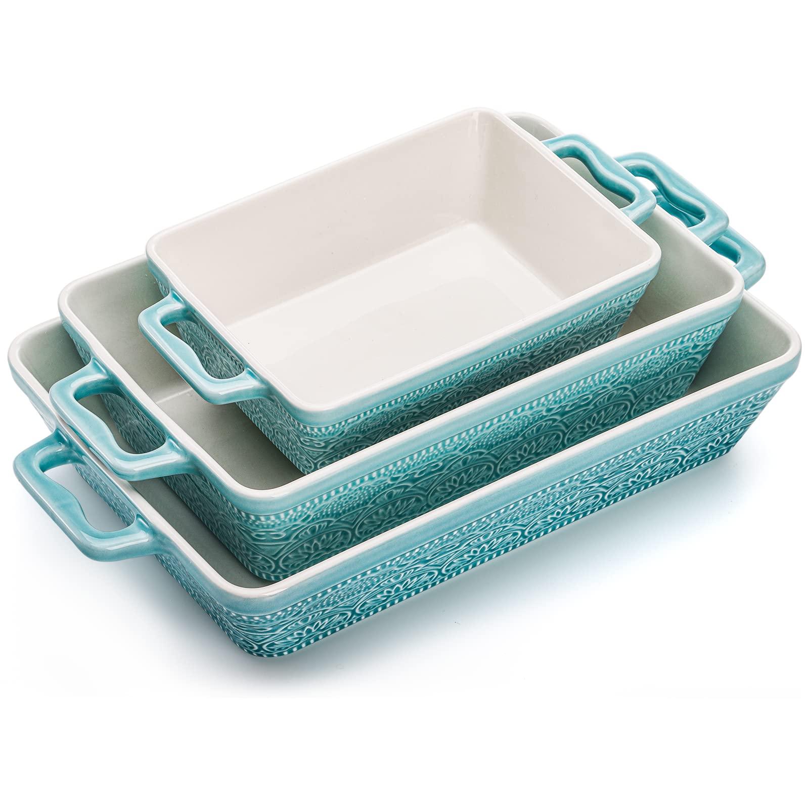 Hacaroa Set of 3 Ceramic Baking Dishes, Rectangular Bakeware with Handles, Elegant Casserole Dish Set Lasagna Pan for Baking, Cooking, Cake Dinner, Banquet, Lake Blue, 3 Sizes - CookCave