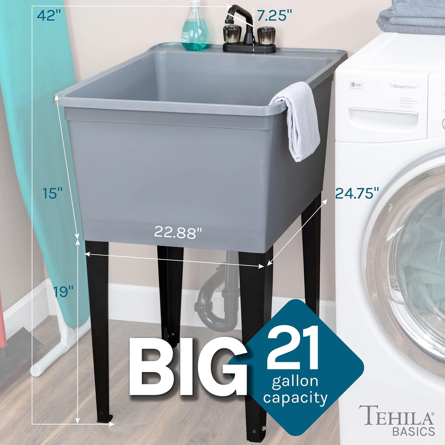 Tehila Basics by JS Jackson Supplies 21-Gallon Grey Freestanding Utility Sink with Black 2-Handle Faucet, Heavy Duty Plastic Laundry Tub with Adjustable Legs - CookCave