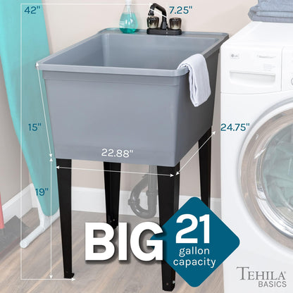 Tehila Basics by JS Jackson Supplies 21-Gallon Grey Freestanding Utility Sink with Black 2-Handle Faucet, Heavy Duty Plastic Laundry Tub with Adjustable Legs - CookCave