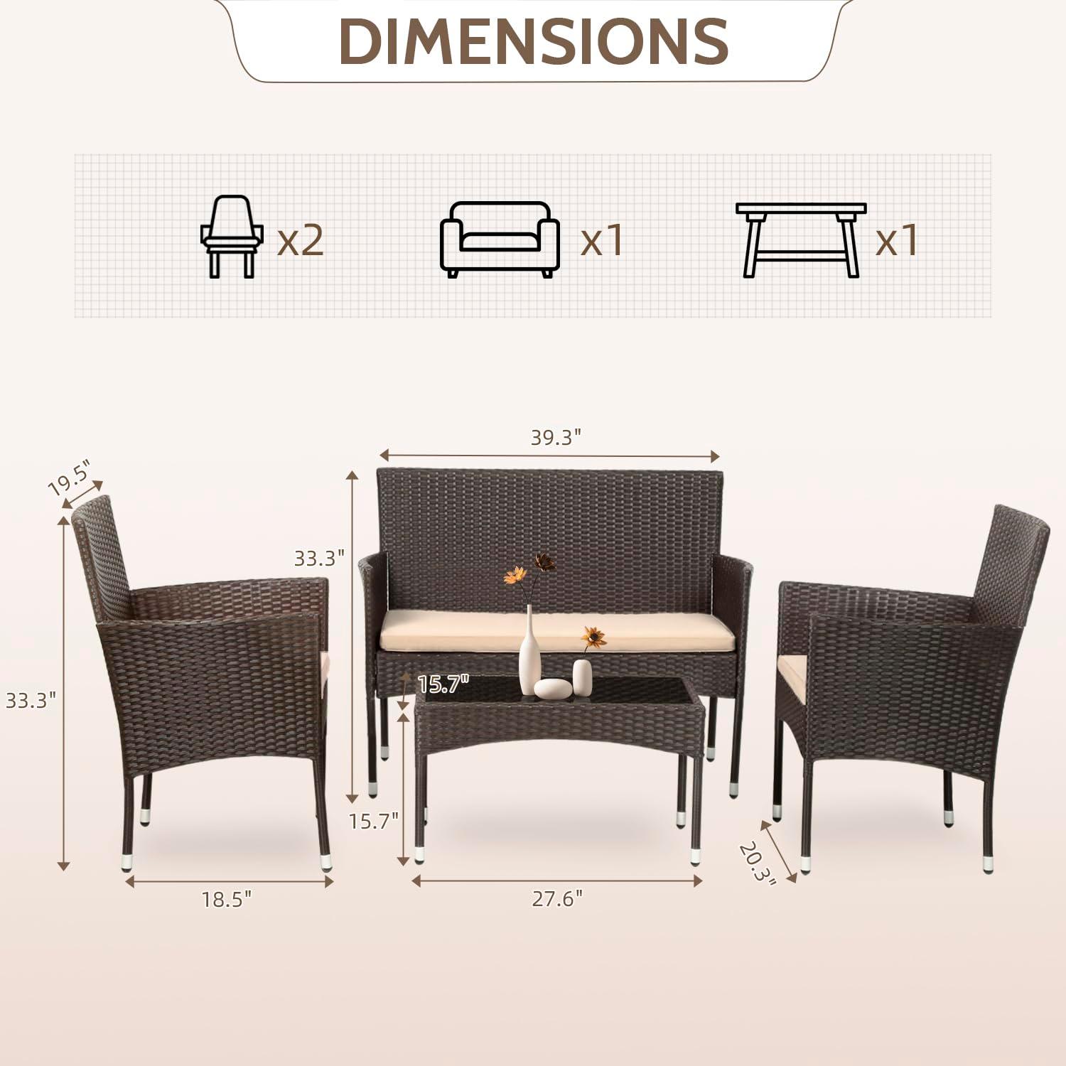 FDW Patio Furniture Set 4 Pieces Outdoor Rattan Chair Wicker Sofa Garden Conversation Bistro Sets for Yard (Brown) - CookCave