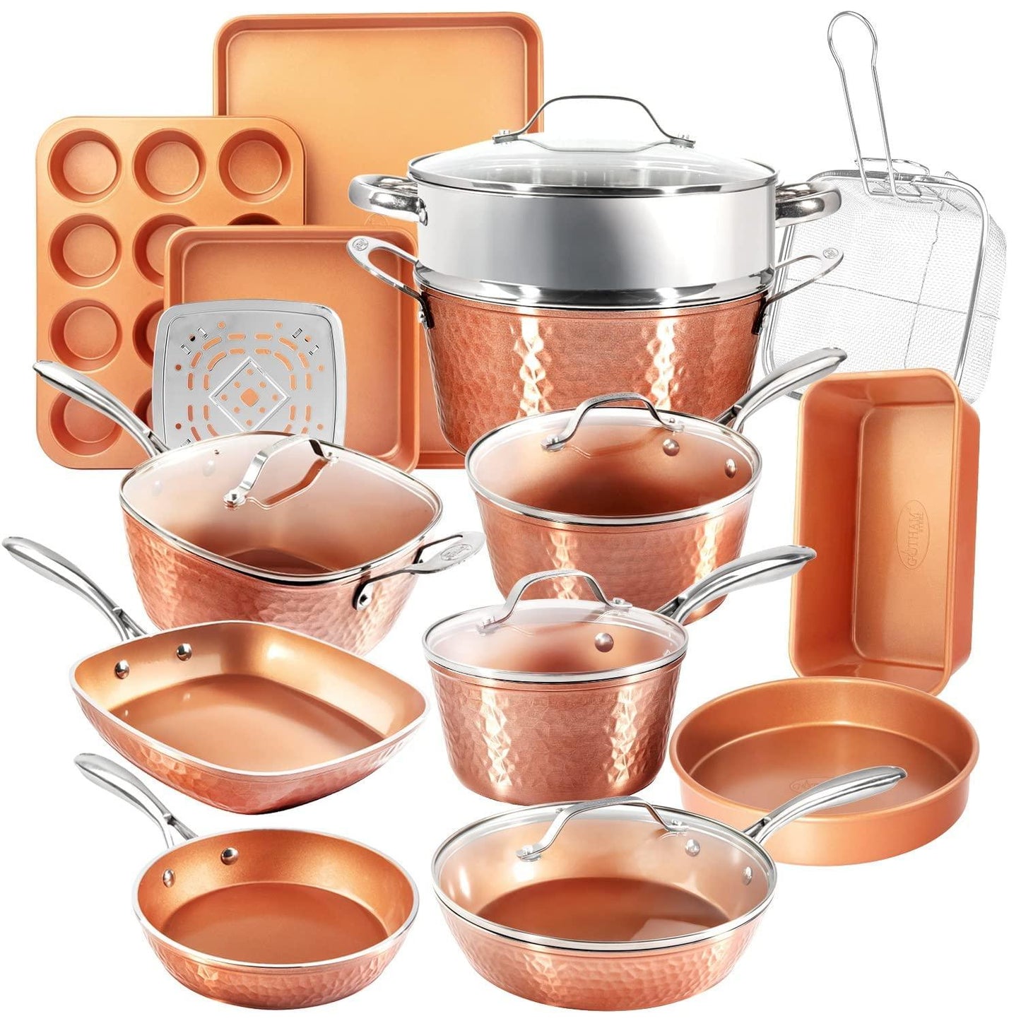 Gotham Steel Hammered Copper Collection – 20 Piece Premium Pots and Pans Set Nonstick Ceramic Cookware + Bakeware Set for Kitchen, Induction/Dishwasher/Oven Safe, Healthy and Non Toxic - CookCave