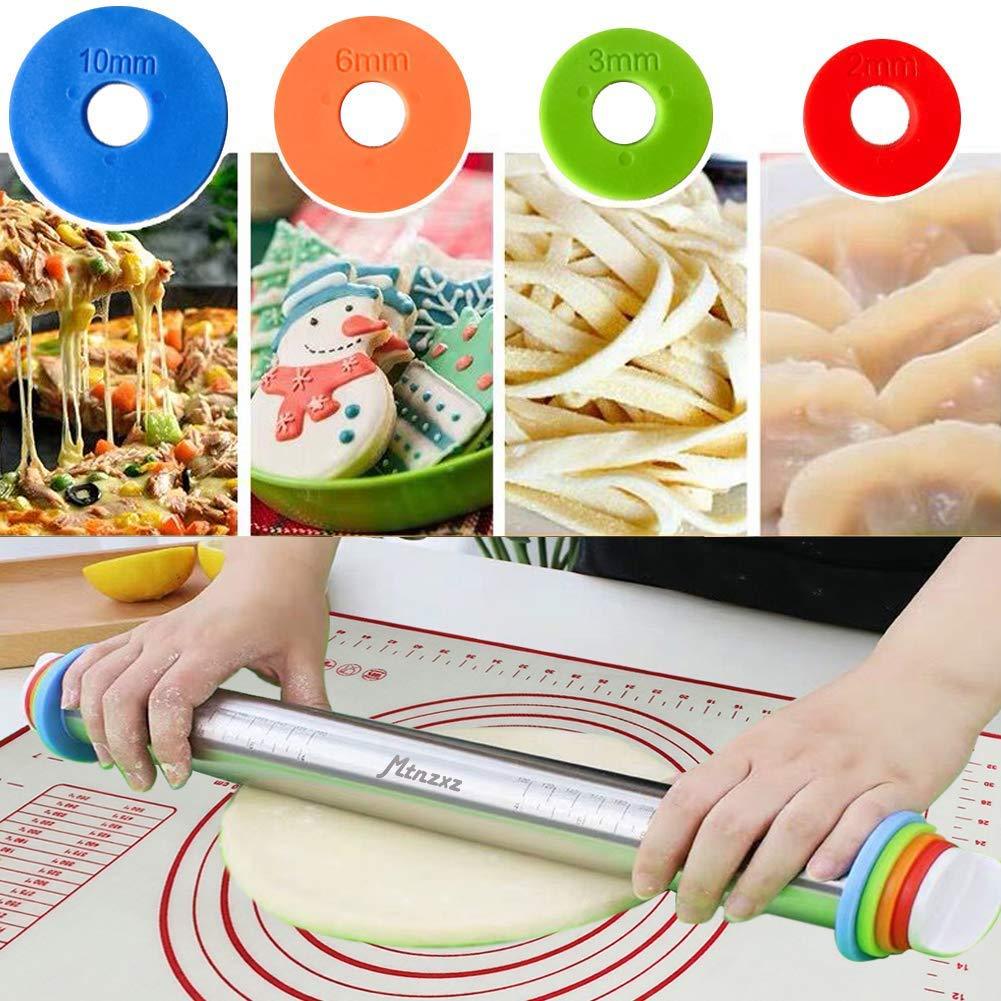 Rolling Pin and Silicone Baking Pastry Mat Set, Stainless Steel Dough Roller with Adjustable Thickness Rings, for Pizza, Pie, Pastries, Pasta, Cookies - CookCave