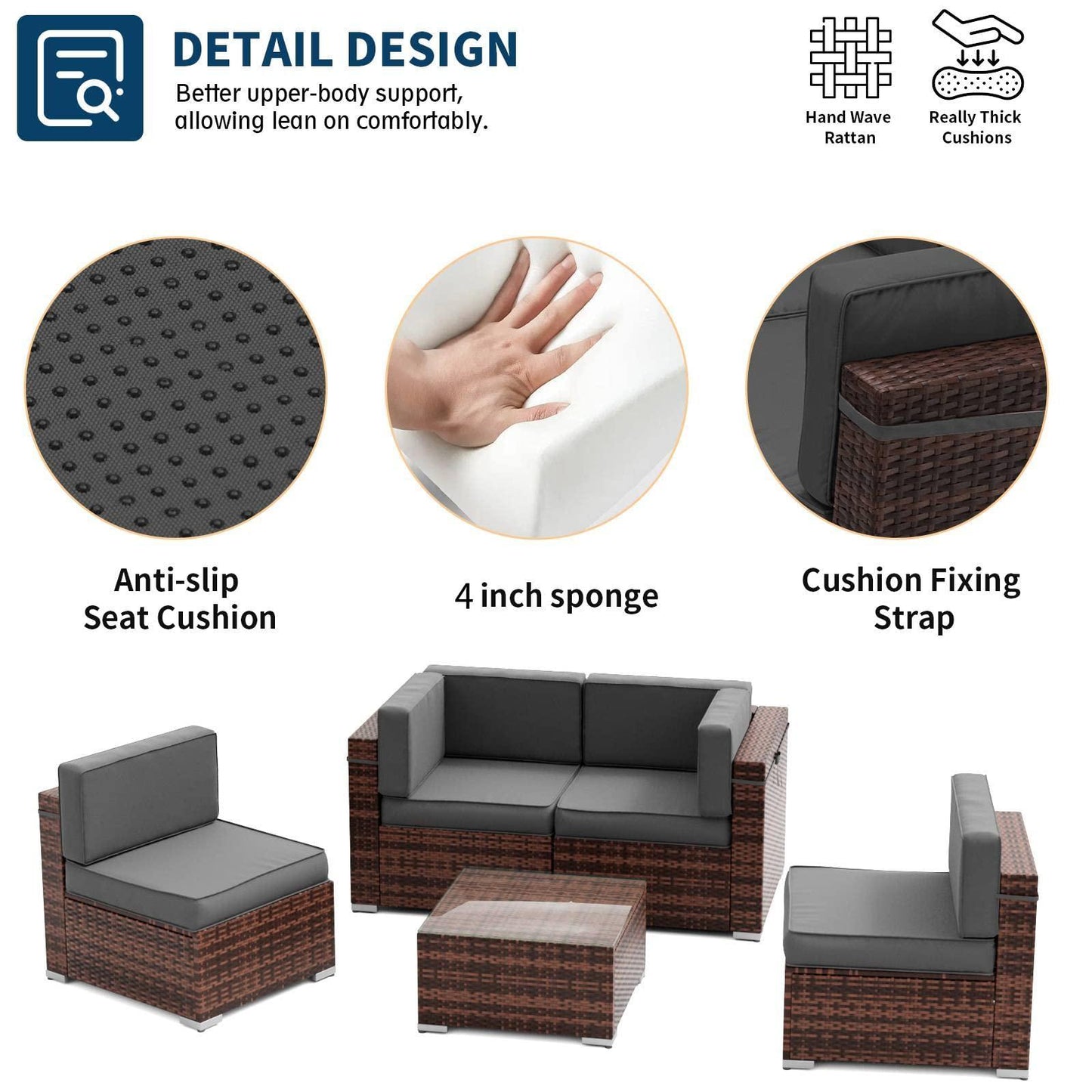 UDPATIO Patio Furniture Sets, Modular Rattan Outdoor Patio Sectional Furniture Sofa Set, Wicker Patio Conversation Set for Backyard, Deck, Poolside w/Glass Coffee Table, 5PC Grey (Include Sofa Cover) - CookCave