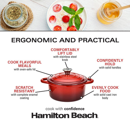 Hamilton Beach Enameled Cast Iron Dutch Oven Red (3-Quart) | Cream Enamel Coating Dutch Oven Pot with Lid | Cast Iron Dutch Oven with Even Heat Distribution | Easy Grip to Handles & Multipurpose - CookCave