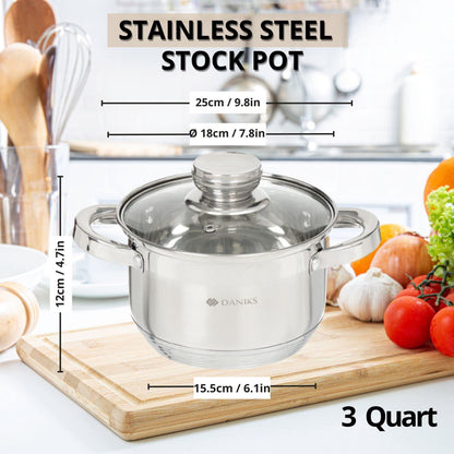 Daniks Standard Stainless Steel Stock Pot with Glass Lid | Induction 3 Quart | Dishwasher Safe Pot | Measuring Scale | Soup Pasta Stew Pot | Silver - CookCave