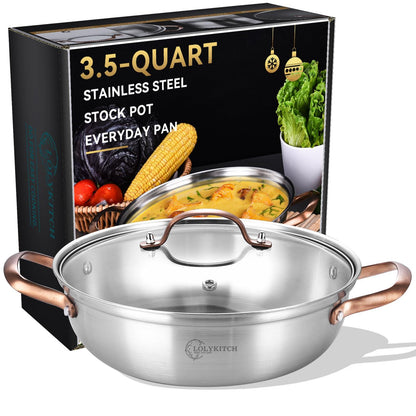 LOLYKITCH 11 Inch Tri-Ply Stainless Steel Chef's Pan with Lid,3.5 QT Stock Pot,Kadhai,Saute Pan,Induction Deep Frying Pan,Dishwasher and Oven Safe. - CookCave