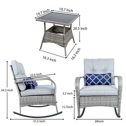 IBITION 3-Piece Outdoor Rocking Chairs Set of 2， Wicker Patio Furniture Modern Rattan Chair Conversation with Cushions & Glass Table for Garden,Backyard, Bistro(Grey) - CookCave