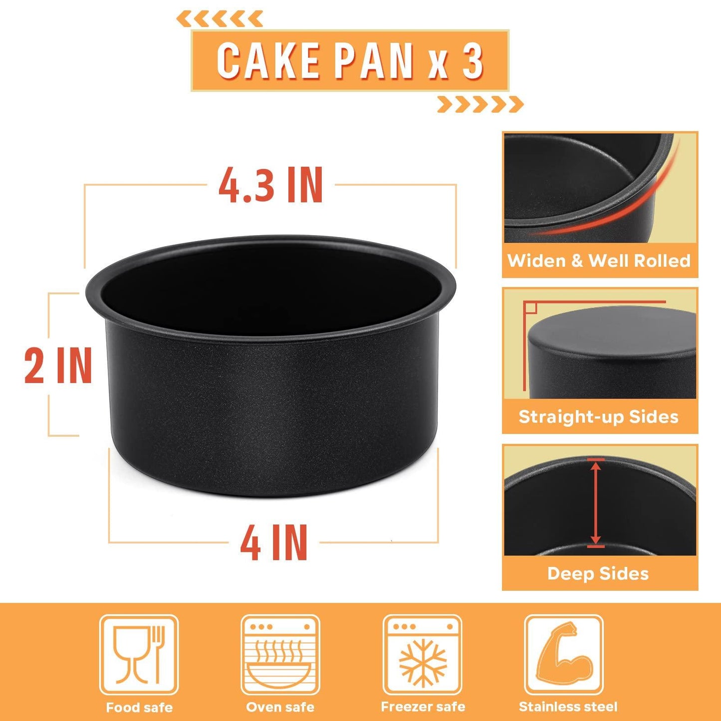 E-far 4 Inch Cake Pan Set of 3, Nonstick Stainless Steel Mini Round Cake Pans Tin, Small Size for Baking Smash Cakes/Cheesecake, Stainless Steel Core & Non-toxic Coating, Straight Side & 2 Inch Deep - CookCave