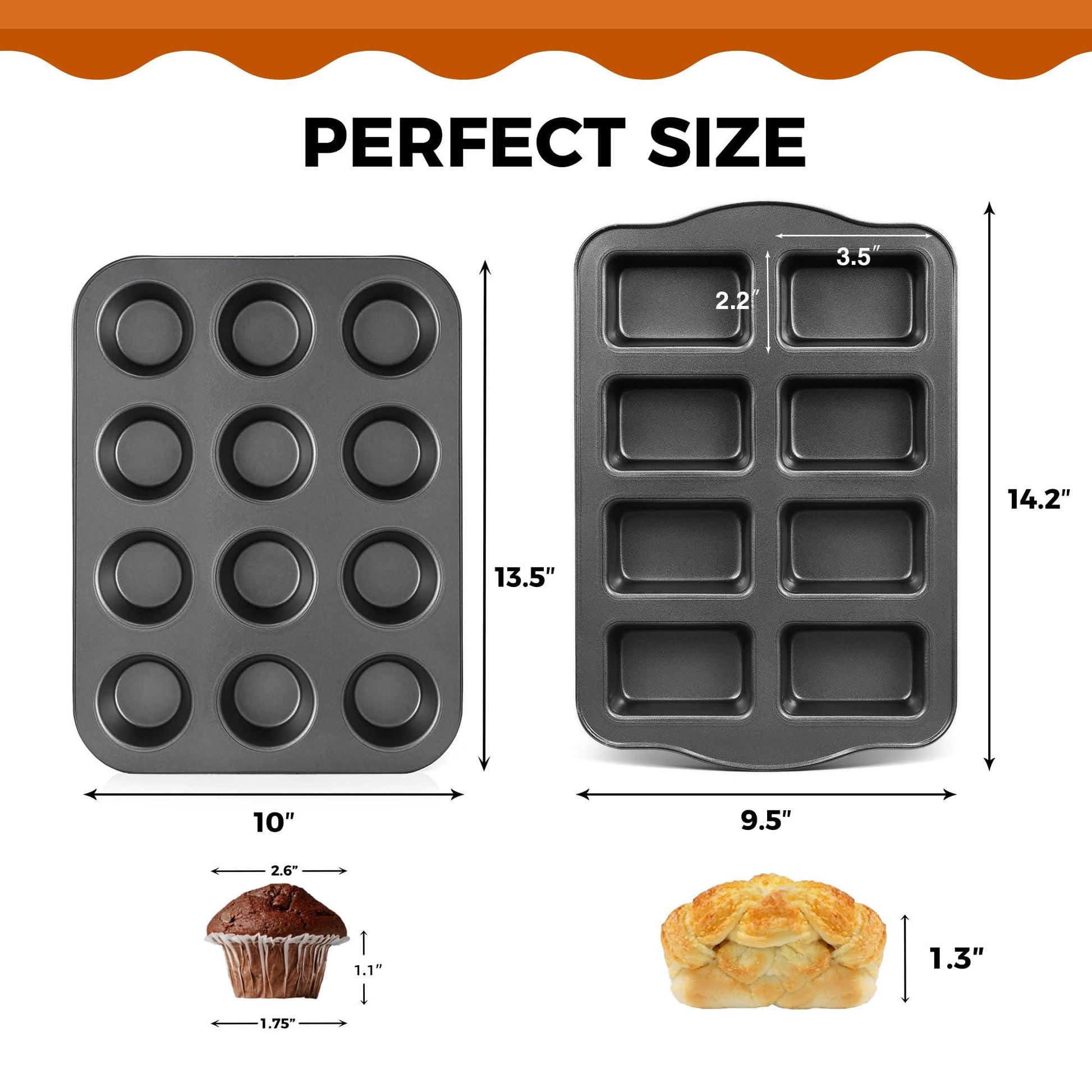 HONGBAKE Nonstick Muffin Pan 12 Cup and Mini Loaf Pans 8 Cavity, Cupcake Tin for Baking and Small Banana Bread Tray - Grey - CookCave