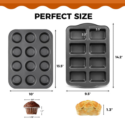 HONGBAKE Nonstick Muffin Pan 12 Cup and Mini Loaf Pans 8 Cavity, Cupcake Tin for Baking and Small Banana Bread Tray - Grey - CookCave