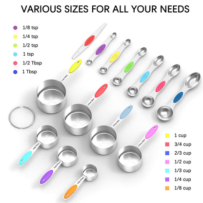 TILUCK measuring cups and magnetic measuring spoons set, stainless steel measuring cups, 6 double-sided stainless steel measuring spoons & 1 leveler - CookCave