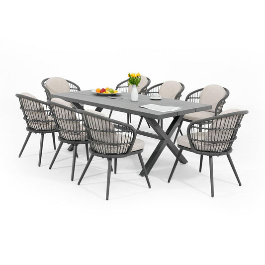 JARDINA Outdoor Woven Patio Dining Set 9 Pieces Conversation Set for 8 People, with 8 Shell-Shaped Aluminum Chairs and X-Legs Table Modern Contemporary Furniture for Backyard, Balcony, Porch (Grey) - CookCave