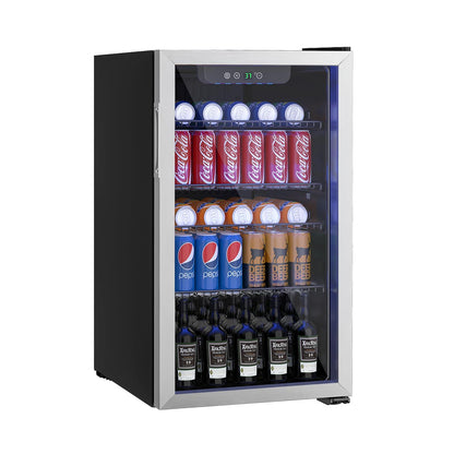 Erivess Compact Freestanding Beverage Refrigerator,126 Can Mini Fridge with Glass Front Door for Soda, Beer, or Wine, Under Counter Drink Dispenser with Adjustable Shelves and Digital Display - CookCave