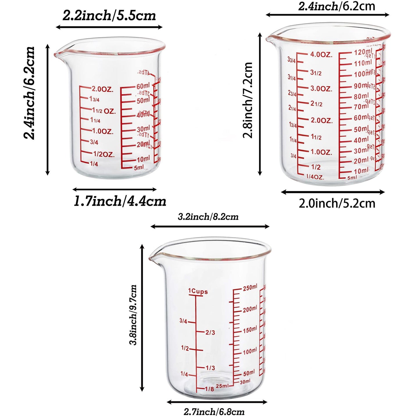 Ackers BORO3.3 High Borosilicate Glass Measuring Cup Set-V-Shaped Spout，Includes 60ml(2OZ), 120ml(4OZ), and 250ml(8OZ) Glass Measuring Beaker for Kitchen or Restaurant, Easy to Read - CookCave