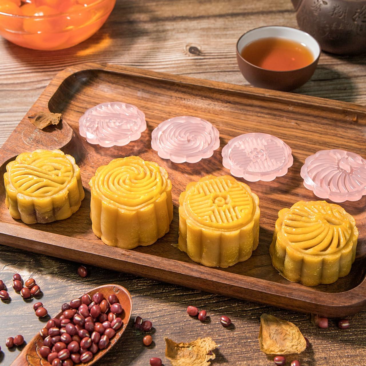 AIKEFOO Cookie press mold Chinese Traditional Mid-Autumn Mooncake Mold Set.5 Pcs Mode Pattern for 1 Sets 50g Different Round Flower Patterns Are Used For Homemade Biscuit Stamping Machine Cake Cutter. - CookCave