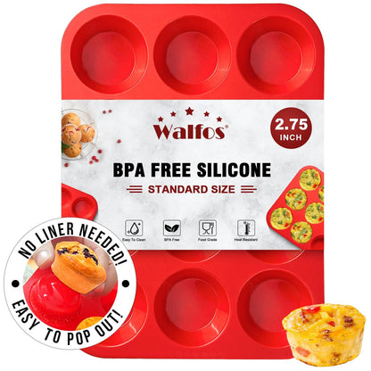 Walfos Silicone Muffin Pan - 12 Cups Regular Silicone Cupcake Pan, Non-stick Silicone Great for Making Muffin Cakes, Tart, Bread - BPA Free and Dishwasher Safe - CookCave