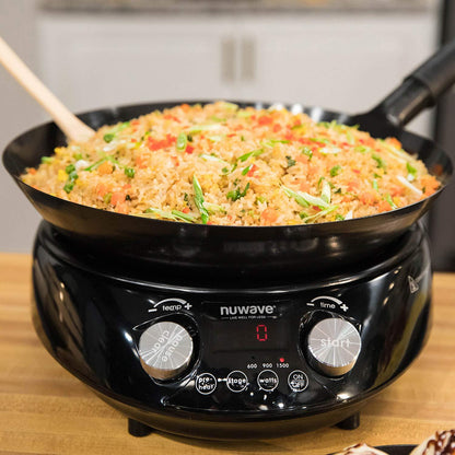 Nuwave Mosaic Induction Wok, Precise Temp Controls from 100°F to 575°F in 5°F, Wok Hei, Infuse Complex Charred Aroma & Flavor, 3 Watts 600, 900 & 1500, Authentic 14-inch Carbon Steel Wok Included - CookCave
