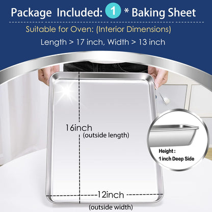 P&P CHEF Large Baking Sheet, Stainless Steel Cookie Sheet Baking Pan Tray, Rectangle 16''x12''x1'', Healthy & Non Toxic, Mirror Finish & Dishwasher Safe - CookCave