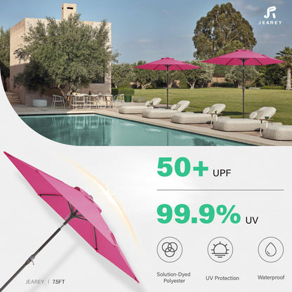 JEAREY 7.5FT Patio Umbrella Market Table Umbrella with 6 Sturdy Ribs, Push Button Tilt/Crank Outdoor Umbrella for Garden, Deck, Backyard, Pool and Beach,Rose Pink - CookCave