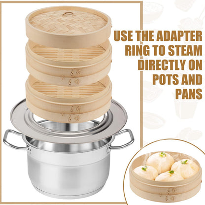 2 Tier Bamboo Steamer Basket Set Including Stainless Steel Steamer Ring Dumpling Maker Mold and Cutter Meat Spoon 2 Pairs Bamboo Chopsticks 2 Pcs Sauce Dish 50 Pcs Paper Liners for Kitchen (10 Inch) - CookCave