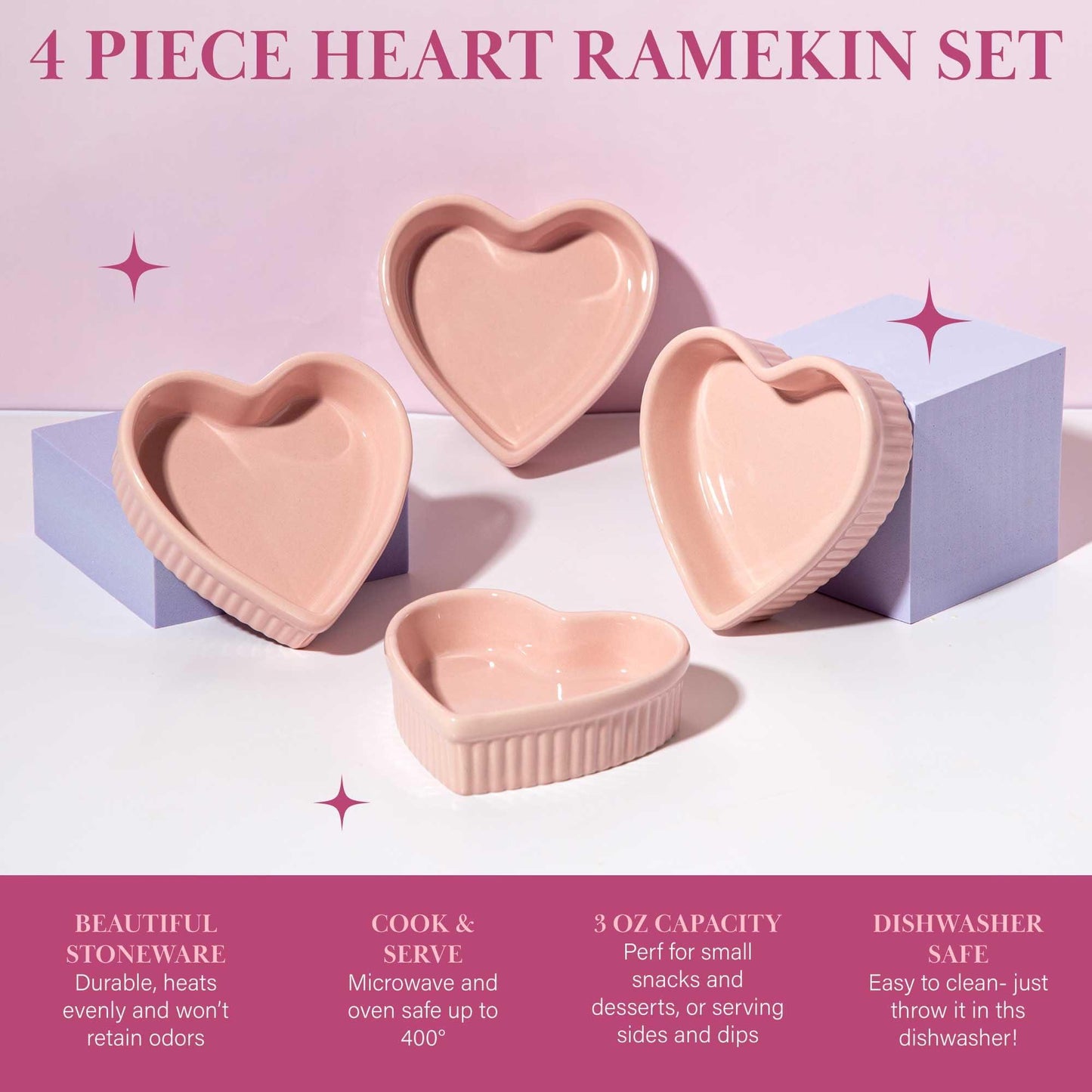 Paris Hilton Heart Shaped Ramekin Set, Mini Ceramic Ramekins, Oven Safe Baking Dishes, Dishwasher Safe, Stoneware Made without PFOA, 4-Piece Set, Pink - CookCave