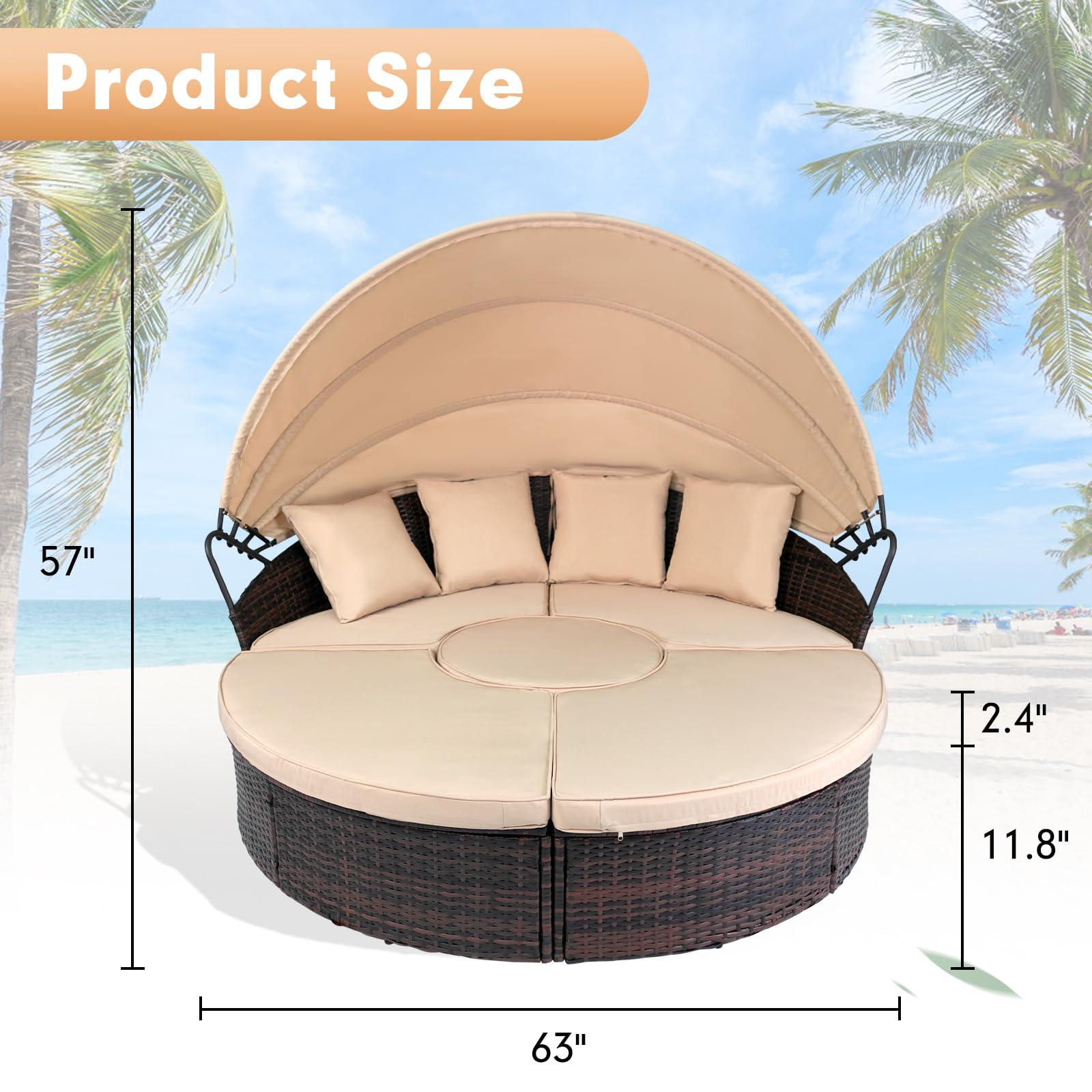 SUNCROWN Outdoor Patio Round Daybed with Retractable Canopy, Brown Wicker Furniture Sectional Couch with Washable Cushions, Backyard, Porch - CookCave