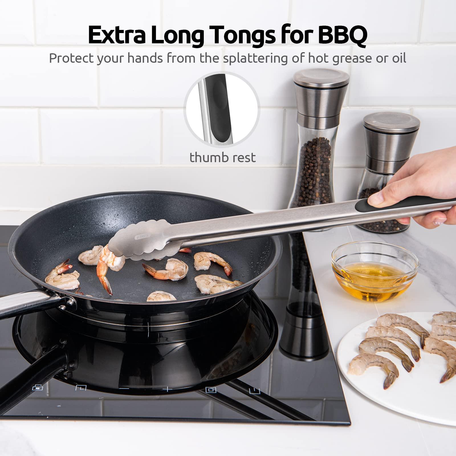 18/8 Stainless Steel Kitchen Tong: U-Taste 16 inch Extra Long Large Heat Resistant Cooking Tong with Sturdy Metal Tips & Non Slip Silicone Handle & Smooth Locking for Serving BBQ (Black) - CookCave
