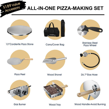 ABORON Pizza Oven Outdoor,16" Multi-Fuel Rotatable Pizza Ovens, Portable Wood Fired and Gas Pizza Oven, Stainless Steel 3-Layer Oven, Pizza Maker with Built-in Thermometer, Pizza Cutter & Carry Bag - CookCave