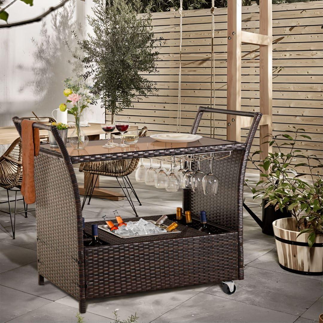 Seogwisam Outdoor Rolling Wicker Bar Cart,Rattan Serving Cart with Removable Ice Bucket,Glass Countertop,Goblet Wine Glass Holders and Storage Compartments, Wicker Bar Cart for Pool, Party, Backyard - CookCave