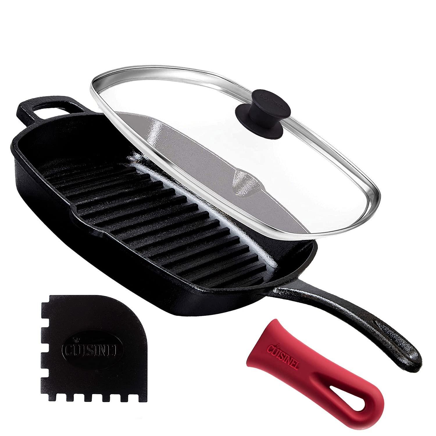 Cuisinel Cast Iron Square Grill Pan + Glass Lid - 10.5" Pre-Seasoned Ridged Skillet + Handle Cover + Pan Scraper - Grill, Stovetop, Fire Safe - Indoor and Outdoor Use - for Grilling, Frying, Sauteing - CookCave