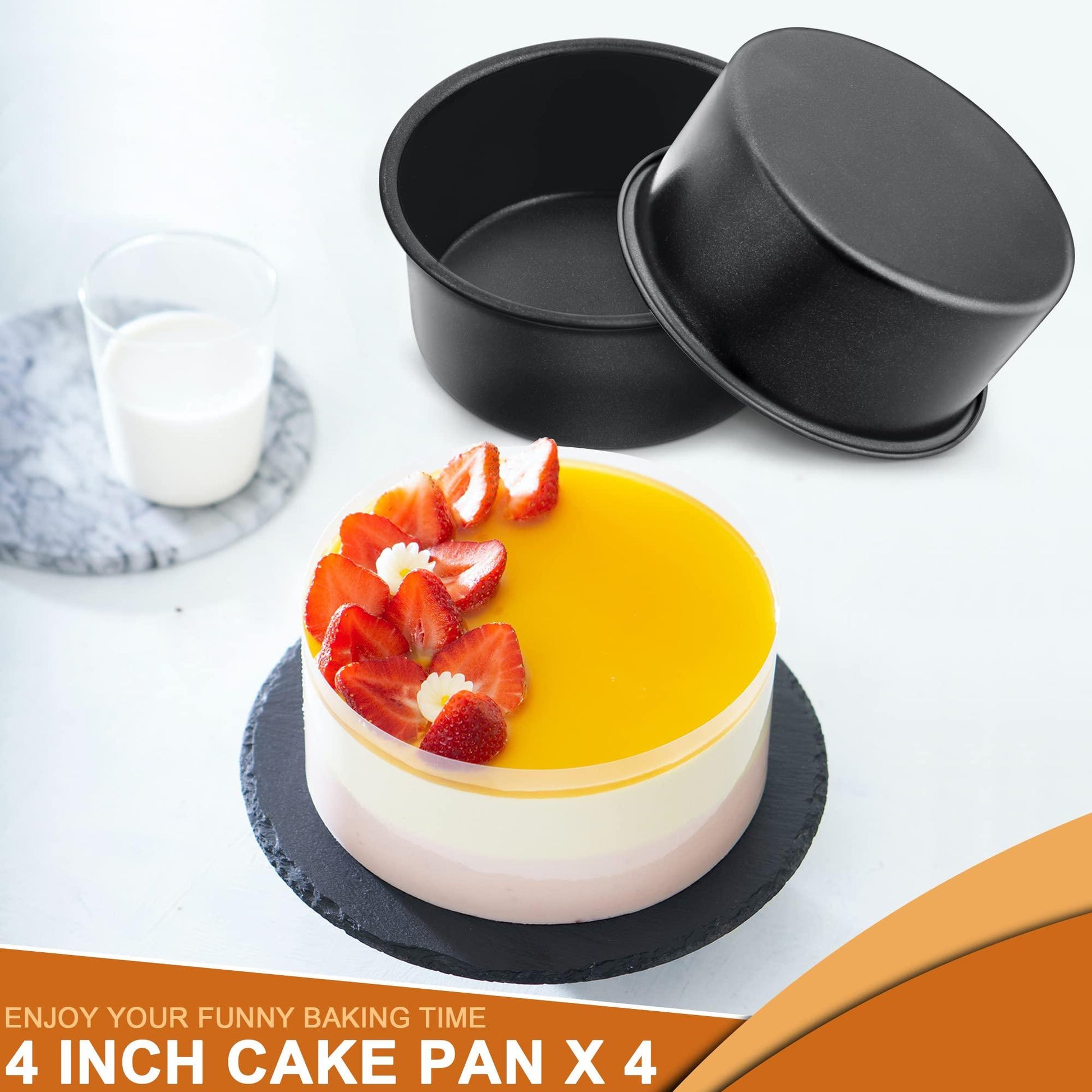 E-far 4 Inch Cake Pan, 4-Piece Nonstick Round Cake Baking Pans for Wedding, Birthday, Layer Cake, Stainless Steel Core & Non-Toxic Coating, 2 Inch Deep - CookCave