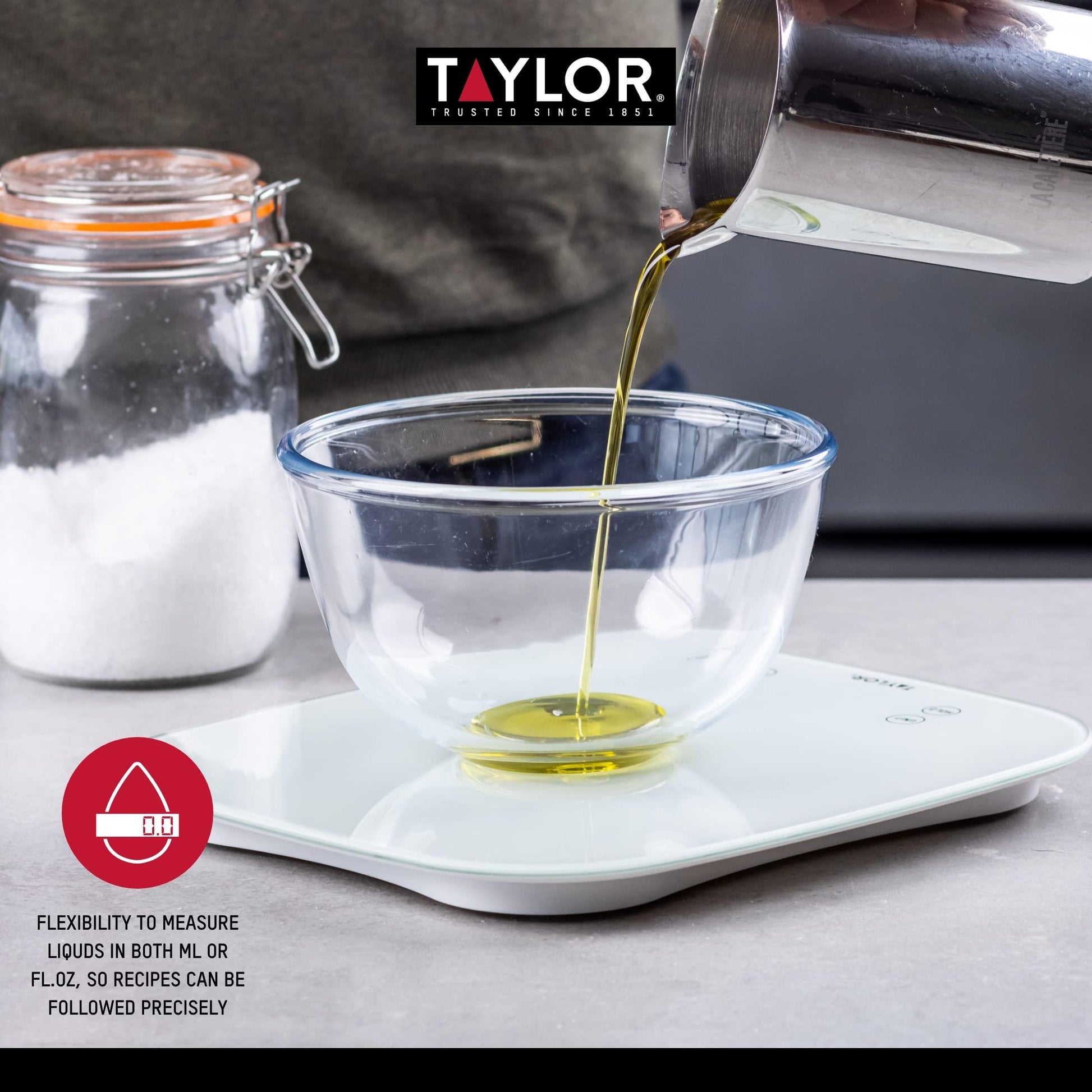 Taylor Pro Digital Kitchen Food Scales, Compact Professional Standard with Precision Accuracy and Waterproof Design with Tare Feature, White Glass, Weighs 14 kg/14 L Capacity - CookCave