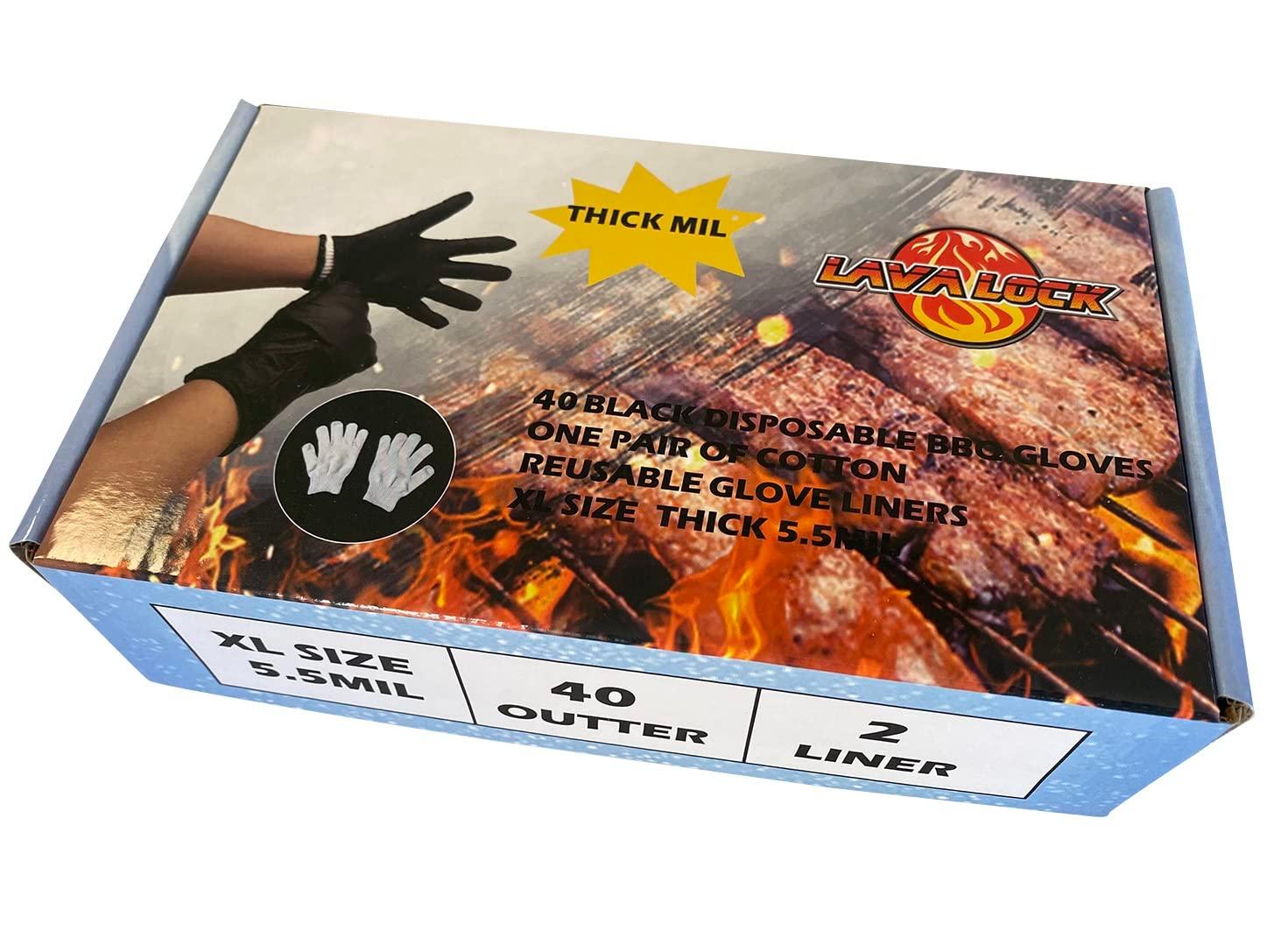 LavaLock Heavy Duty Thick 5.5 Mil Black Disposable Nitrile BBQ Gloves with 2 cotton liners for outdoor cooking grilling smokers and barbecue competition, chef or kitchen use (40, Extra-Large) - CookCave