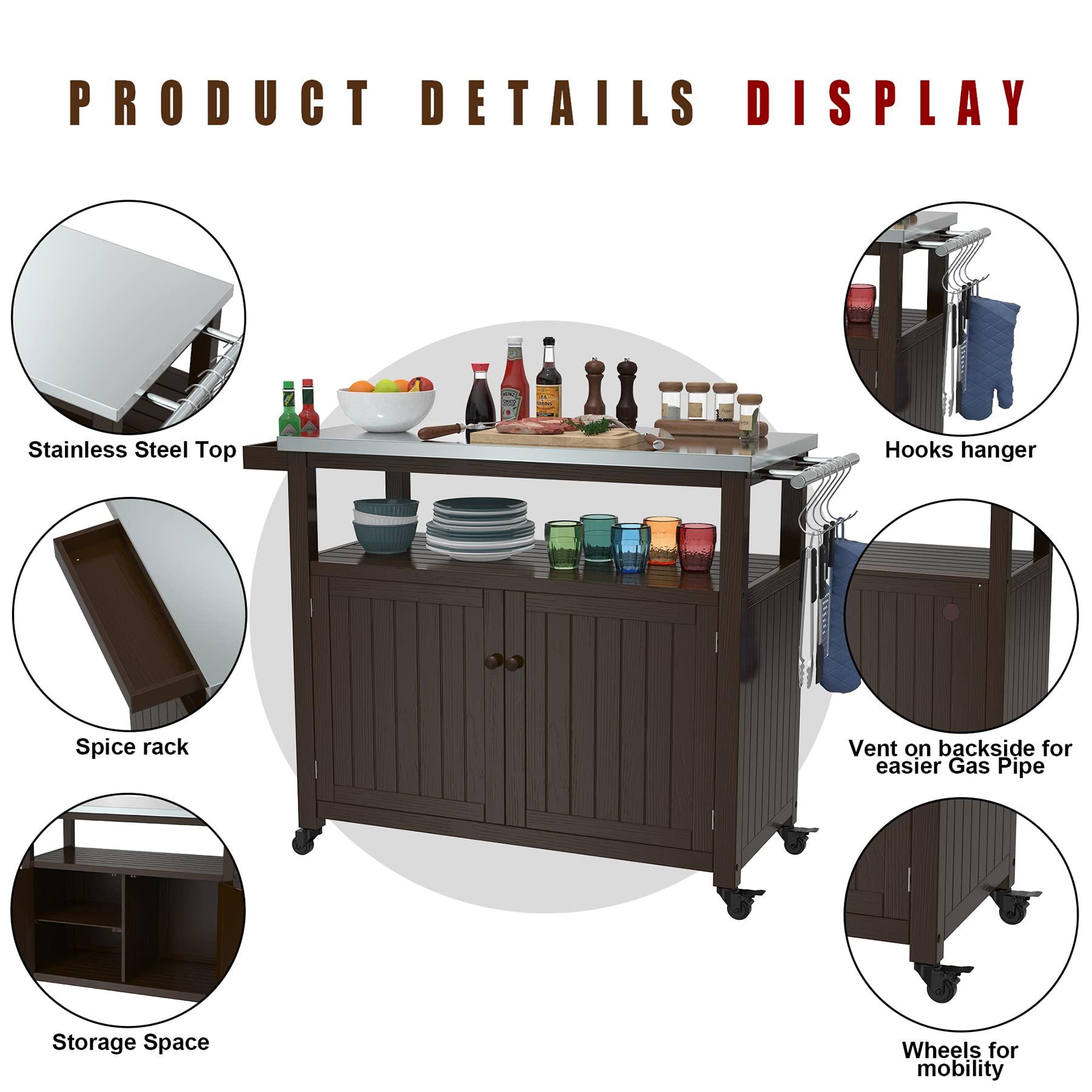 GDLF Outdoor Storage Cabinet Solid Wood Prep Grill Table with Stainless Steel Top Waterproof Cover Dark Brown - CookCave