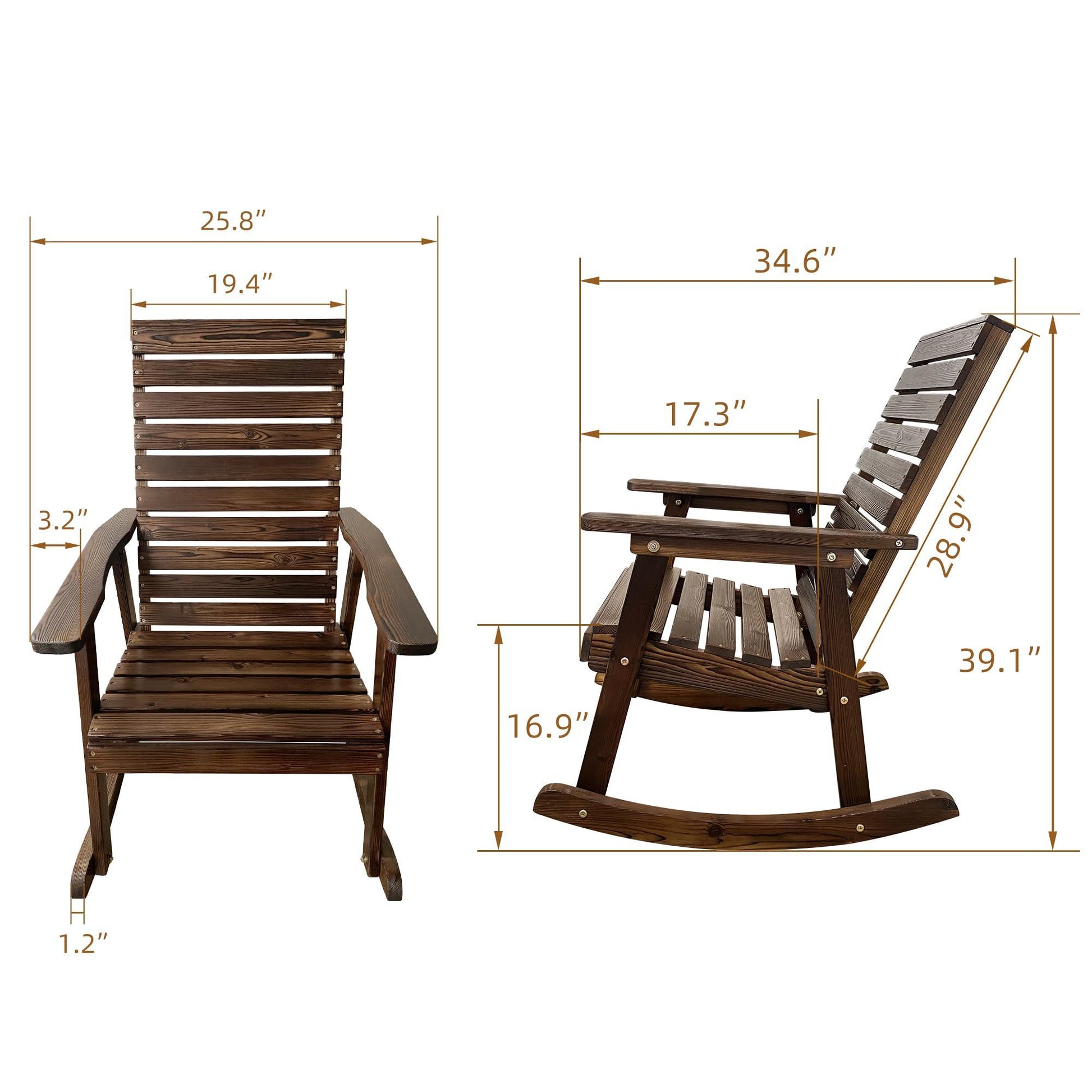 Mega Casa Wooden Rocking Chair with High Backrest and Contoured Seat, Solid Fir Wood, Heavy Duty 600 LBS, for Both Outdoor and Indoor, Backyard, Porch and Patio (Deep Brown) - CookCave