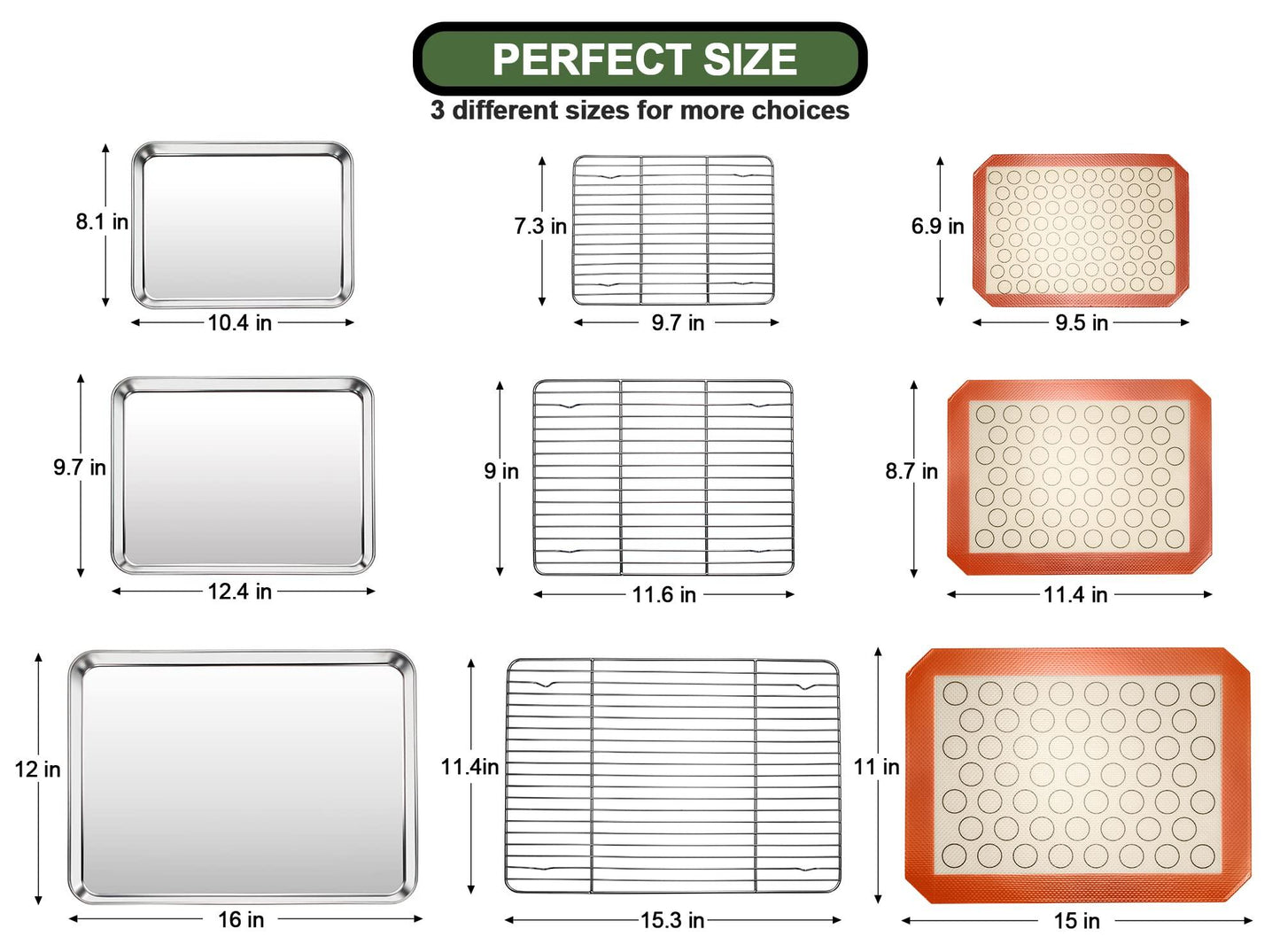 Baking Sheet Tray Cooling Rack with Silicone Mat Set, Stainless Steel Cookie Pan For Oven, Set of 9 (3 Sheets + 3 Racks Mats), Warp Resistant & Heavy Duty Easy Clean - CookCave