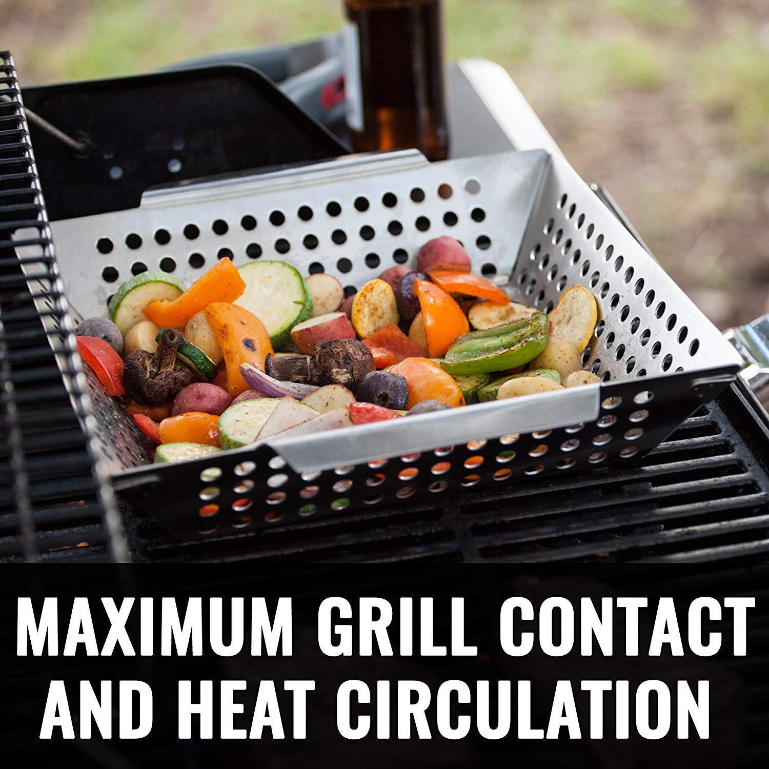 Grillaholics Grill Basket for Outdoor Grill - Durable Premium Stainless Steel Vegetable Grill Basket - XL Family Size BBQ Grill Basket - Perfect Grilling Accessories for Veggies, Fish, Shrimp & Kebabs - CookCave