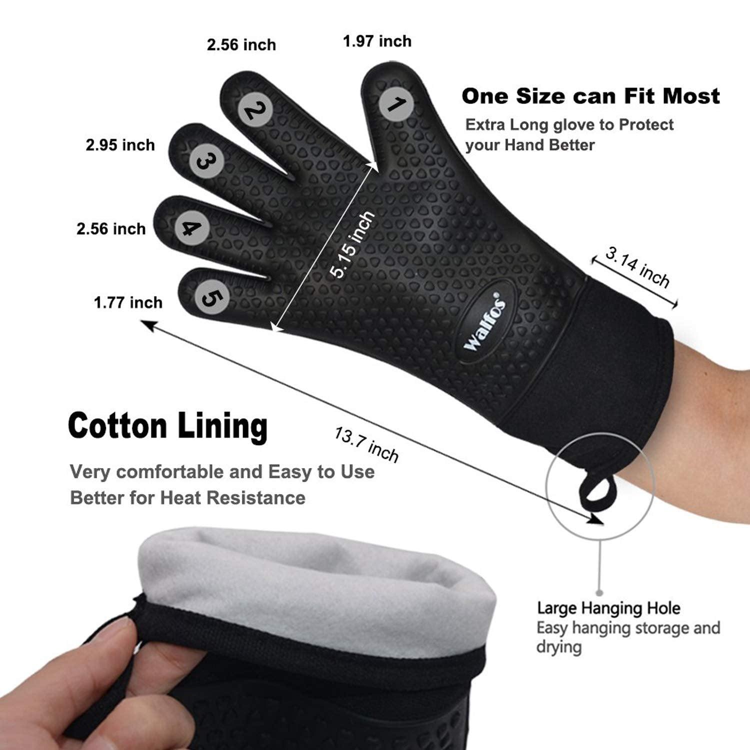 Walfos Silicone BBQ Gloves - Heat Resistant Grilling Gloves, Premium Non-Slip Kitchen Silicone Oven Mitt With Protective Cotton Layer Inside, Waterproof, Great for Grilling, Kitchen and Cooking, Black - CookCave