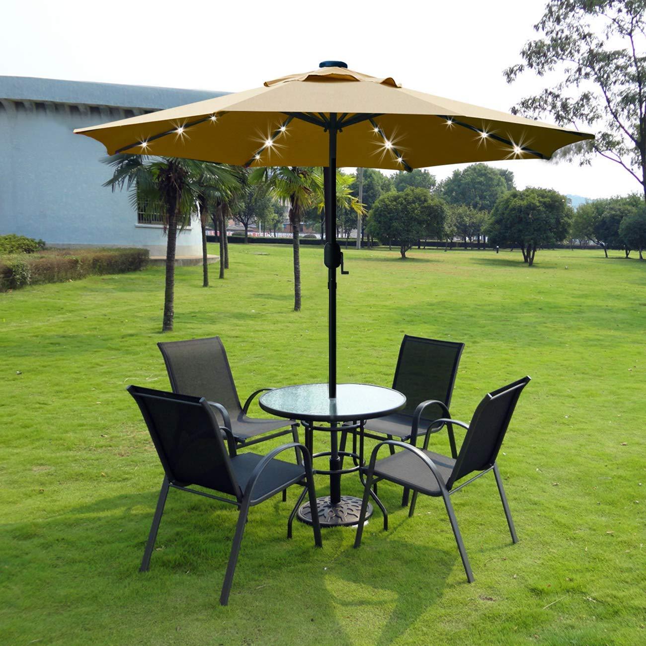 Sunnyglade 9' Solar LED Lighted Patio Umbrella with 8 Ribs/Tilt Adjustment and Crank Lift System (Light Tan) - CookCave