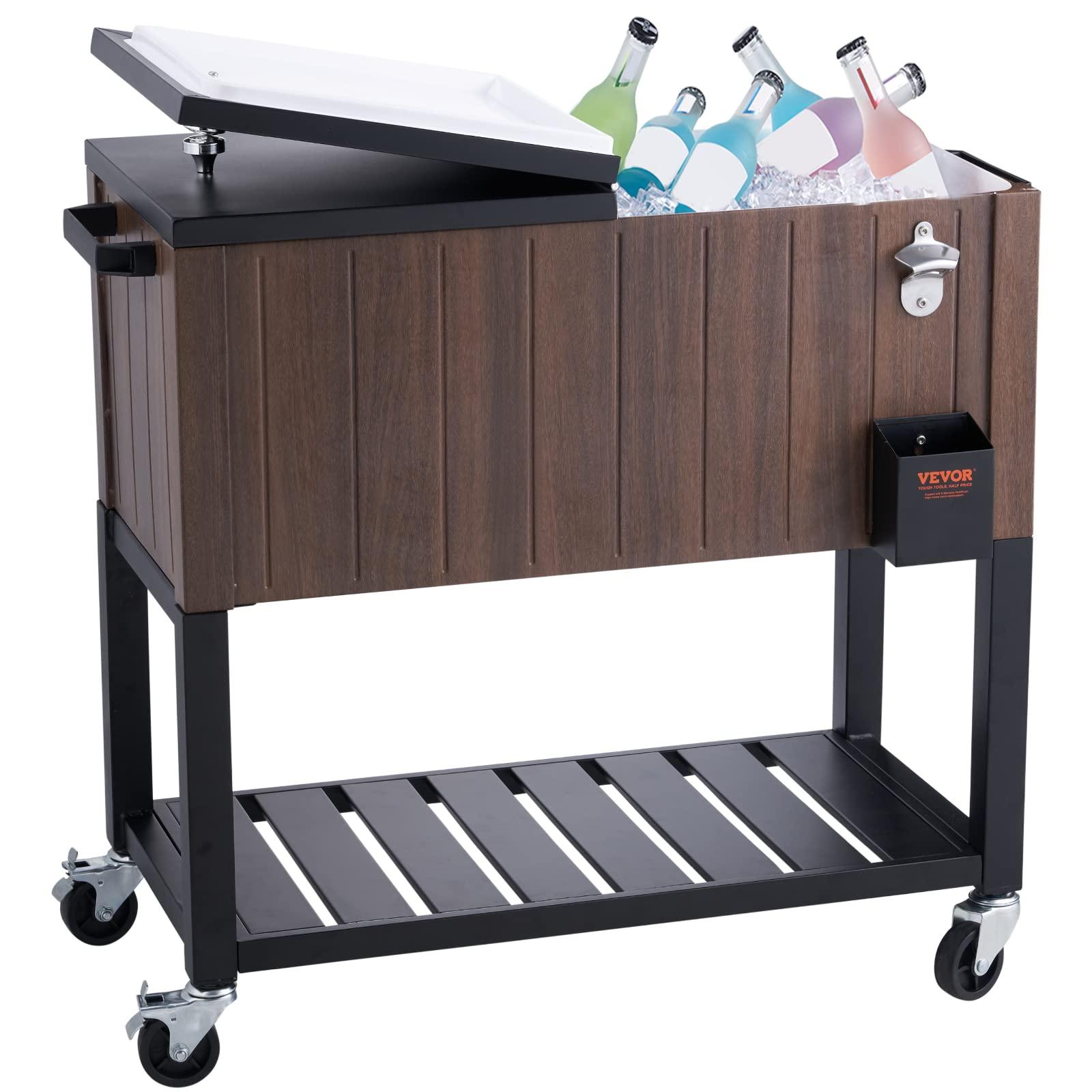 VEVOR Rolling Ice Chest Cooler Cart 80 Quart, Portable Bar Drink Cooler, Beverage Bar Stand Up Cooler with Wheels, Bottle Opener, Handles for Patio Backyard Party Pool, Wooden Teak Accent, Brown - CookCave