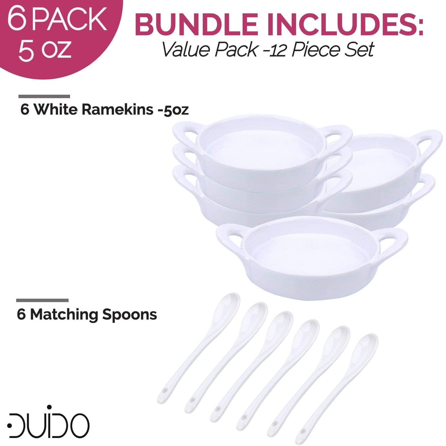 Souffle Dish Ramekins for Baking – 5 Ounce (Set of 6, White with 6 Extra Spoons) 5 Oz, Half Cup Ceramic Oven Safe Round Ramekin Bowls for Desserts Puddings Souffle Condiments Sauces Dips Dressings - CookCave