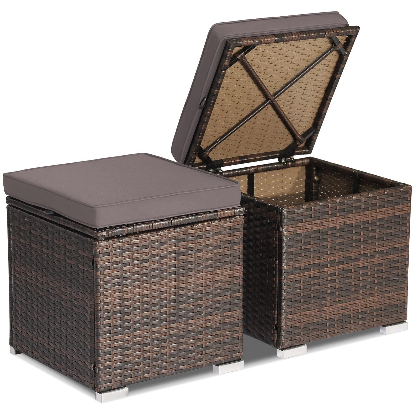 ORALNER 16" Outdoor Ottoman, Set of 2 Wicker Ottoman with Storage, All-Weather Rattan Cube Footstool w/Removable Cushions, Square Foot Rest Seating for Patio, Porch, Deck, Easy Assembly (Gray) - CookCave