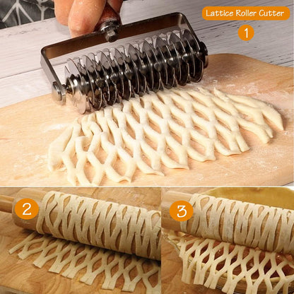 Stainless Steel Lattice Cutter, Dough Lattice Roller Cutter Baking Tool Cookie Pie Pizza Bread Pastry Crust Roller Cutter with Wood Handle, Household Time-Saver Baking Pastry Tools for Pizza Biscuits - CookCave