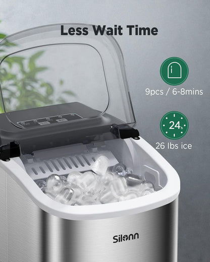 Silonn Countertop Ice Maker, 9 Cubes Ready in 6 Mins, 26lbs in 24Hrs, Self-Cleaning Ice Machine with Ice Scoop and Basket, 2 Sizes of Bullet Ice, Stainless Steel - CookCave