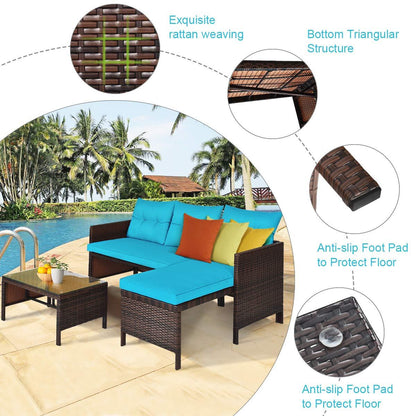 Tangkula Patio Corner Sofa Set 3 Piece, Outdoor Rattan Sofa Set, Includes Lounge Chaise, Loveseat & Coffee Table, Patio Garden Poolside Lawn Backyard Furniture (Turquoise) - CookCave