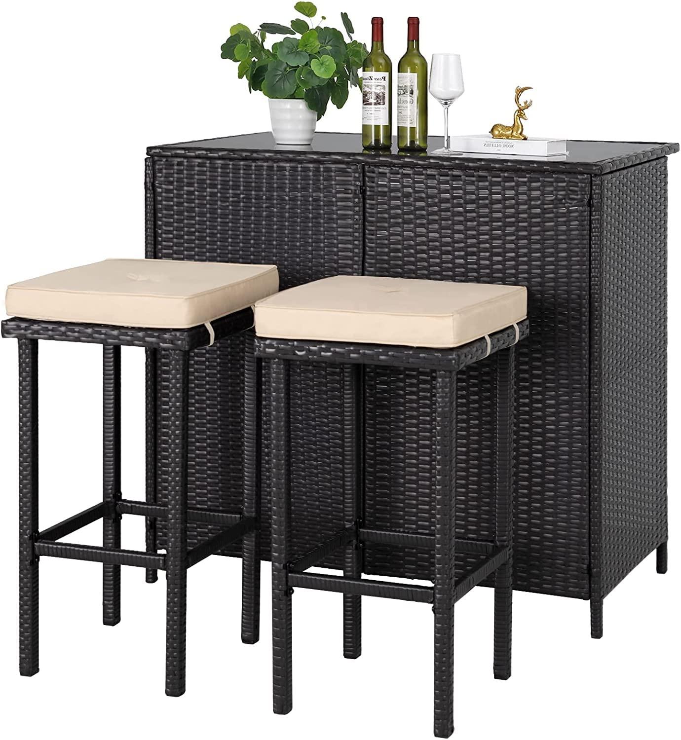 SOLAURA 3-Piece Outdoor Patio Bar Set Black Brown Wicker Bar Table Set Patio Furniture and Two Stools with Cushions for Backyards, Lawn, Garden, Deck, or Poolside - CookCave