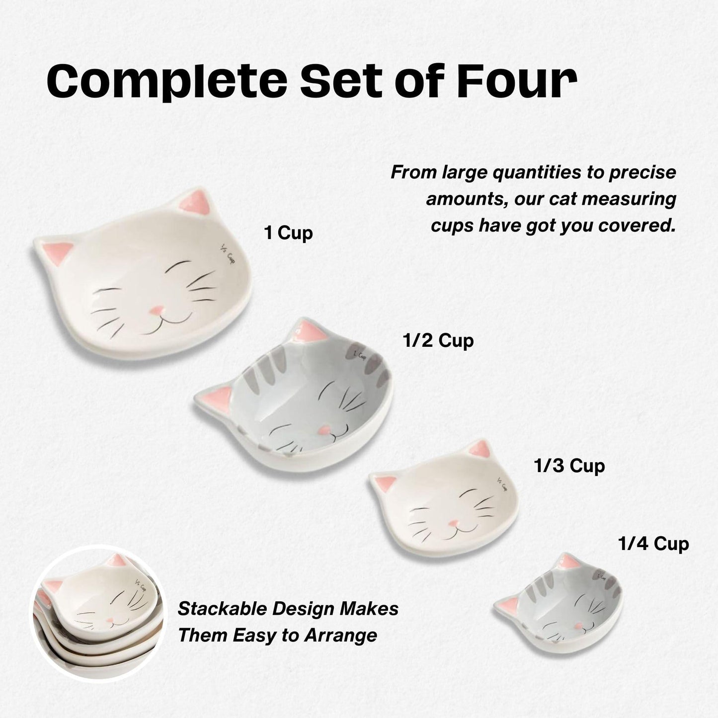 4-pcs Adorable Cat Ceramic Measuring Cups Set - Cute Measuring Cups for Kids Baking - Space Saving Measuring Cup Set for Food Portion Control - Cute Baking Accessories for Cat Lovers (Pack of 4) - CookCave