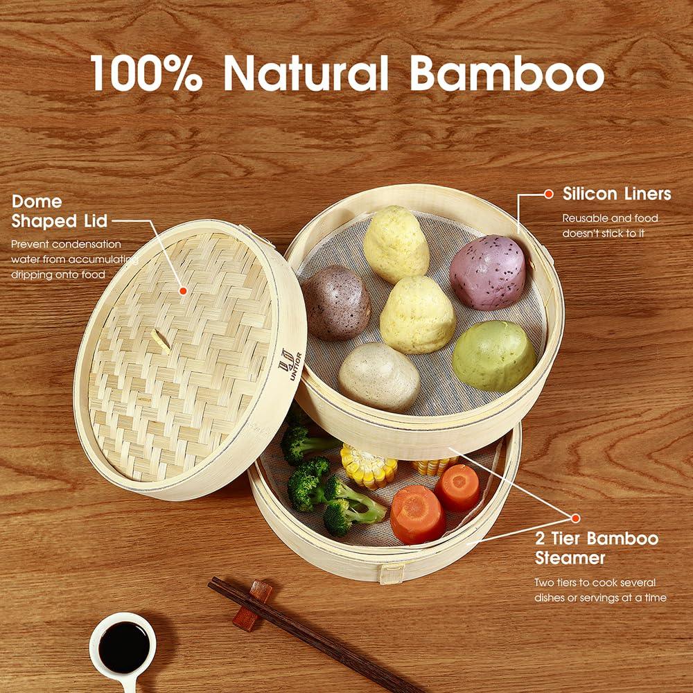 Handmade Bamboo Steamer Basket with Reusable Cotton Liners Multi-use 7" Traditional Dumpling Steamer Food Steamer for Cooking Vegetables, Dim sum, Bao Buns, Fish Meat (7inch -1 tier) - CookCave