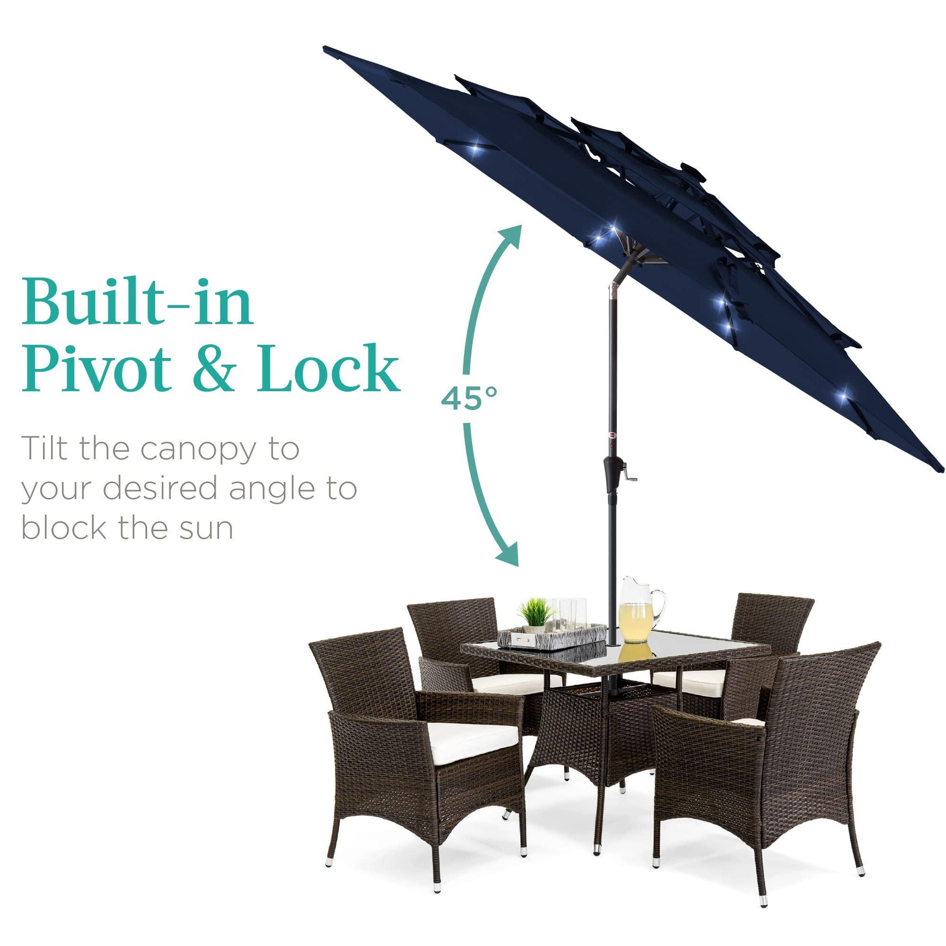 Best Choice Products 10ft 3-Tier Solar Patio Umbrella, Outdoor Market Sun Shade for Backyard, Deck, Poolside w/ 24 LED Lights, Tilt Adjustment, Easy Crank, 8 Ribs - Navy - CookCave